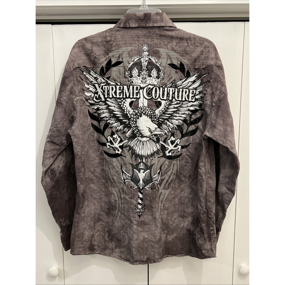 XTREME COUTURE Button Up MMA Shirt Men's M, Royalty Eagle Gothic Grunge‎ LS EUC
